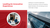 Split layout with red and white design, features a circular image of a team collaborating, and glass skyscraper on the right.