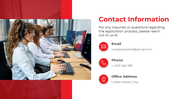 Business slide displaying customer support staff with headsets alongside company contact details in red and white.