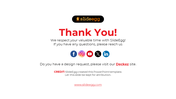 Thank you slide with a black and orange logo, red and black text, and social media icons in the center.