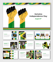 Slide deck for Jamaica Independence day featuring national symbols, historical background, and Independence day celebrations.