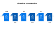 Minimalist timeline featuring six blue shapes with captions, evenly spaced along a horizontal line with year placeholders.