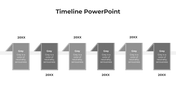 Timeline featuring six alternating gray cards with triangular folds, and a white horizontal line linking the elements.