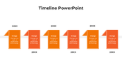 Modern timeline with six orange folded page elements, arranged in a sequence along a horizontal path with placeholder years.