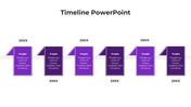 Timeline design featuring six purple vertical rectangles with triangular side folds on a white bar across the slide.