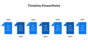 Timeline slide in blue theme, featuring seven evenly spaced event markers with a consistent text format.