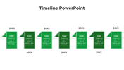 Modern timeline with six vertical green folded page graphics, aligned along a central horizontal path with placeholder years.