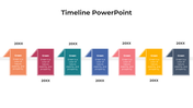 Modern timeline with six vertical folded page graphics in different colors, aligned along a central horizontal path.