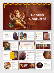 Ganesh Chaturthi slide deck with deity illustrations, festive decorations, and informative slides on history and traditions.