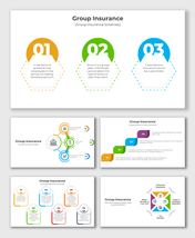 Group Insurance slide deck with icons, circular diagrams, step visuals, and labeled employee insurance benefit graphics.