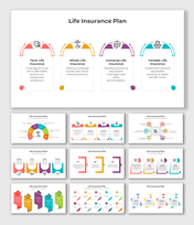 Life insurance plan slide deck with colorful infographics, policy breakdowns, and coverage options in an organized format.