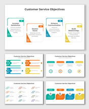 Infographic templates displaying customer service objectives such as improving communication and resolving issues.