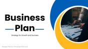 Business Plan slides, blue-yellow theme, chart visuals, circle shapes, icons, and clean structured text boxes layout.