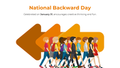 Illustrative National Backward Day slide with backward movement visuals, bold orange theme, and January 31 details.
