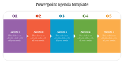 A colorful agenda slide featuring five sections, each labeled with five sections and placeholder text.