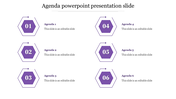 Sequence of six purple hexagons with arrows outlines, numbered from 01 to 06, arranged in two columns.