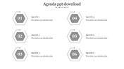Agenda PPT slide with six grey hexagonal numbered sections, each linked to a corresponding agenda item on a white backdrop.