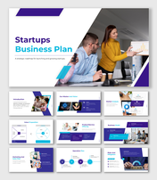 Alt: Overview of a 10-slide Startups Business Plan deck featuring blue layouts for SWOT analysis, timelines, and strategy. 
