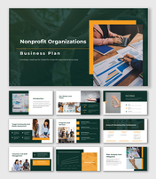 Alt: Overview of a 10-slide Nonprofit Business Plan deck featuring green layouts for mission, financials, and impact analysis.