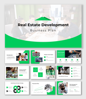 Real Estate Development Business Plan with green theme, financial charts, project portfolio, and risk management.