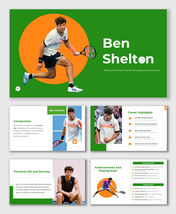 Ben Shelton presentation with green-orange theme, career highlights, personal life journey, and achievements layout.