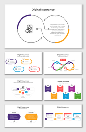 Digital Insurance slides with vibrant icons, curved arrows, and text holders explaining benefits, trends, and platforms.