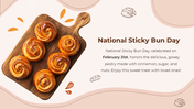 Celebrate February 21st with gooey buns on a wooden tray; warm brown tones and curved accents.
