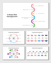6 Steps Risk Management presentation features structured steps in bold colors, circular visuals, and detailed text holders.