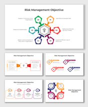 Risk Management Objective slides with colorful hexagons, icons, and arrows; covers risks, threats, and continuity.