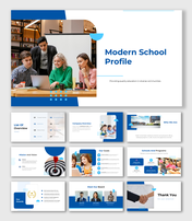 Modern School Profile template with a blue-white theme, showcasing education programs, mission, awards, and leadership.