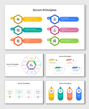 Scrum Principles infographic with hexagons, icons, and colors highlighting key concepts like time boxing and collaboration.