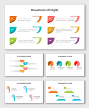 Drawbacks Of Agile infographic with colorful shapes explaining issues like scope creep, team dependency, and cost.