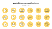 Verbal Communication Icons with bold and line designs, yellow circular backgrounds, and diverse speech symbols.
