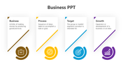 Business workers slide showcasing four roles from Manager, Trainer to Employee, each with corresponding icons.