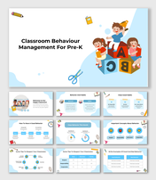 Classroom Behaviour Management For Pre-K slides with fun illustrations, blue backgrounds, and tips on good habits.