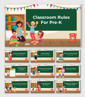 Classroom Rules For Pre-K slides with a chalkboard theme, colorful visuals, and simple behavior guidelines for kids.
