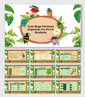 Cute Bugs Personal Organizer for Pre-K with bug illustrations, calendars, task lists, and reminders.