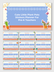 Cute Little Plant Pots Stickers Planner For Pre-K Teachers with monthly calendars, to-do lists, and plant-themed icons.