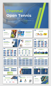 2025 Chennai Open Tennis presentation with blue-green design, WTA event info, players, venue, sponsors, and match details.