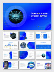 Domain Name System presentation template with blue theme, DNS hierarchy, servers, records, protocols, and security visuals.