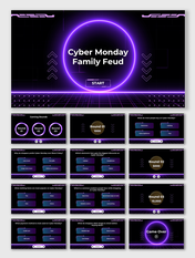 Cyber Monday Family Feud game template with neon purple theme, black grid background, quiz text boxes, and glowing shapes.