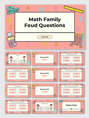Math Family Feud Questions game template with pink theme, math tools, numbers, cartoon teams, quiz rounds, and answer boxes.