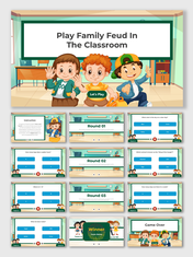 Play Family Feud In The Classroom game template with cartoon kids, green board theme, quiz rounds, answers, and scoreboards.
