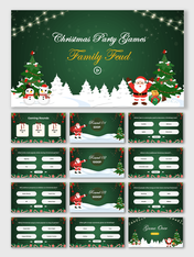 Christmas Party Games Family Feud template with green festive theme, Santa, snowmen, trees, quiz rounds, and answers.