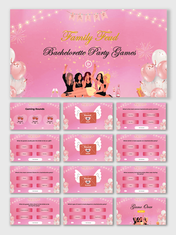 Family Feud Bachelorette Party Games template with pink theme, balloons, bride squad cartoons, quiz rounds, and answers.