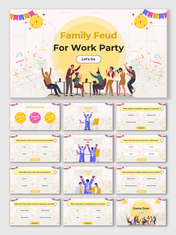 Family Feud For Work Party template with festive theme, cartoon employees, balloons, quiz rounds, answer boxes, and results.