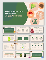 Biology Subject For High School Algae And Fungi template with green theme, cell diagrams, fungi visuals, and topic slides.