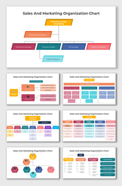 Sales And Marketing Organization Chart with colorful boxes showing director, managers, and department hierarchy.