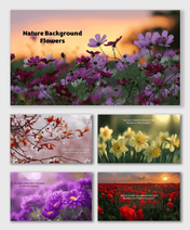 Nature Background Flowers with colorful blooms, sunset light, green fields, and inspiring floral scenery.