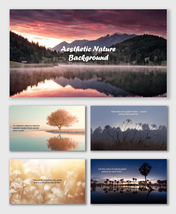Aesthetic nature Bbckgrounds with sunrise mountains, misty lakes, soft skies, and peaceful natural reflections.