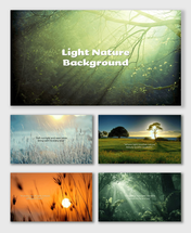 Light Nature Background with sunlight rays through trees, green fields, soft skies, and peaceful forest glow.